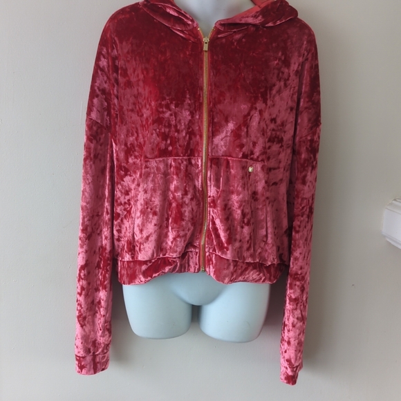 Fabletics Woman Size Large Wonder Crushed Velvet Velor Zip Up Hoodie Strawberry - Picture 1 of 8